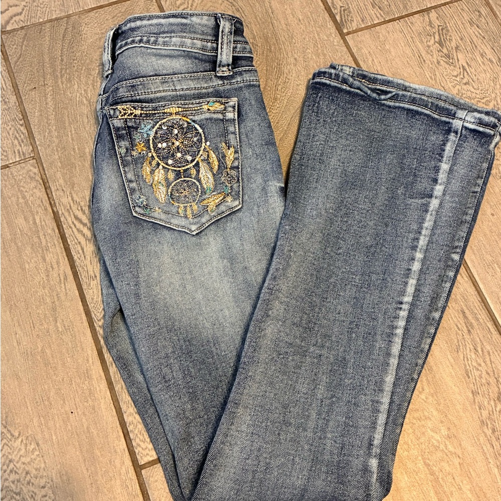 Kids' Girl Blue Embroidered Dreamcatcher Jeans